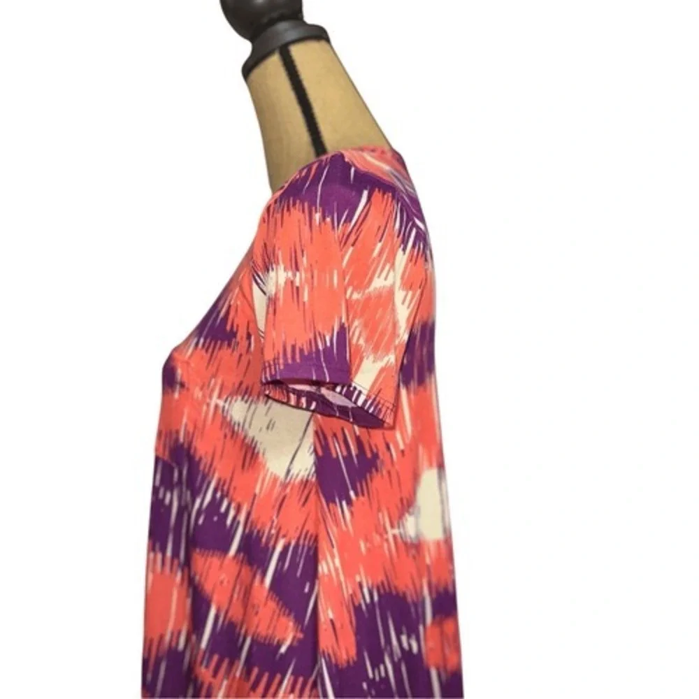 LuLaRoe Carly Swing Dress XXS Ikat Abstract Coral Purple High Low Pocket Stretch